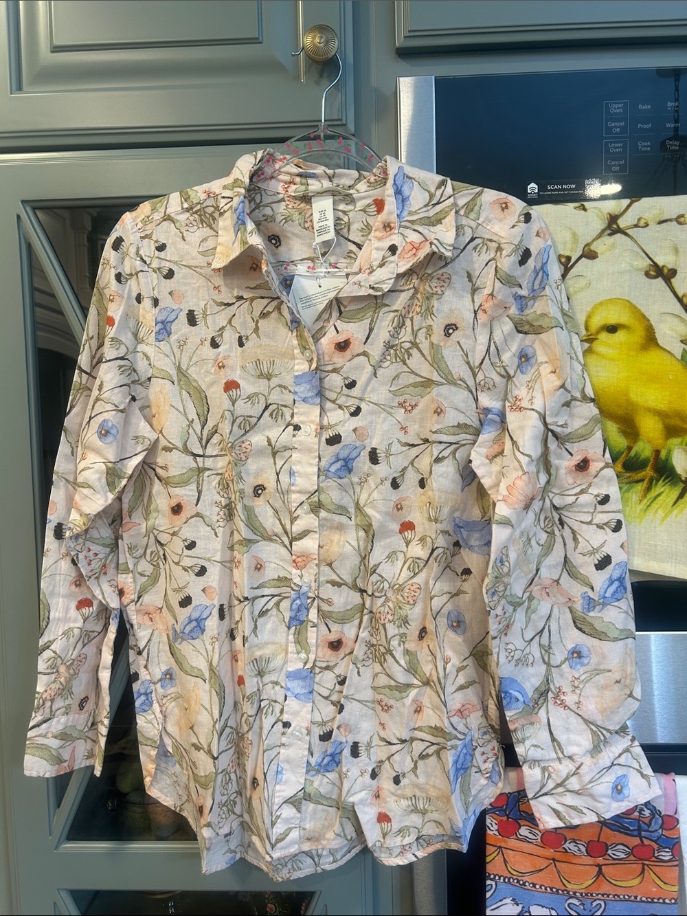 H&M Pastel Floral Linen Long Sleeve Button Down Shirt NWT XS
